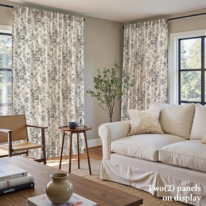 jinchan Linen Floral Curtains 100 Inch Extra Wide for Patio Sliding Glass Door Room Divider Curtain for Living Room 90 Inch Length Farmhouse Peony Black Printed Curtain Set 1 Panel