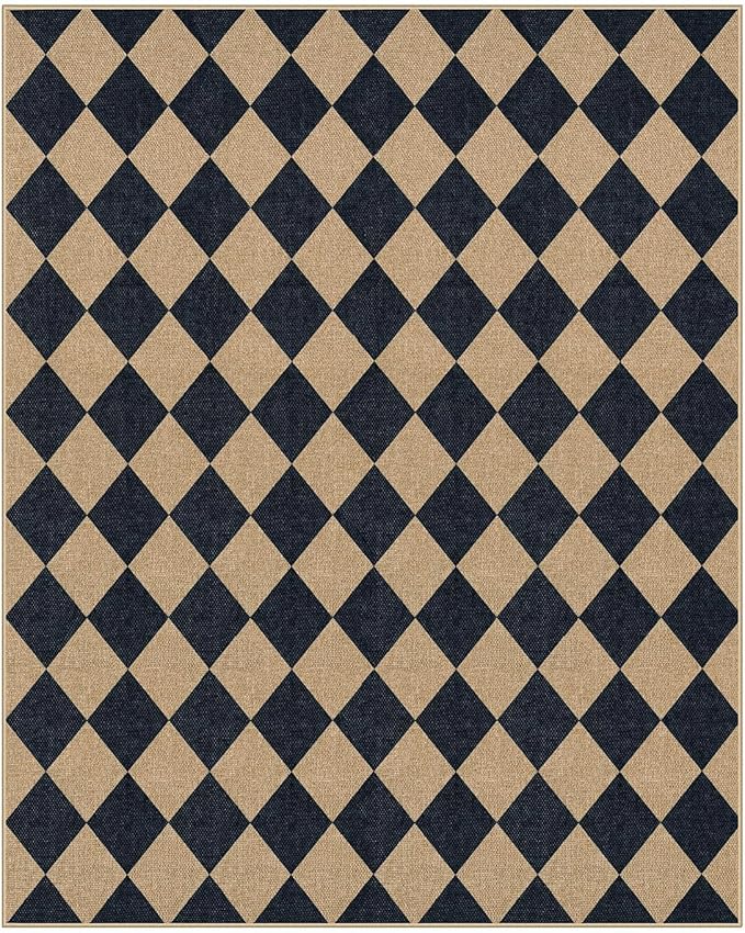 Lahome Colette Checkered Easy Jute Area Rug 8x10, Large Living Room Patio Rug Checkerboard Indoor Outdoor Carpet, Farmhouse Geometric Non Slip Black Carpet for Backyard Dining Room
