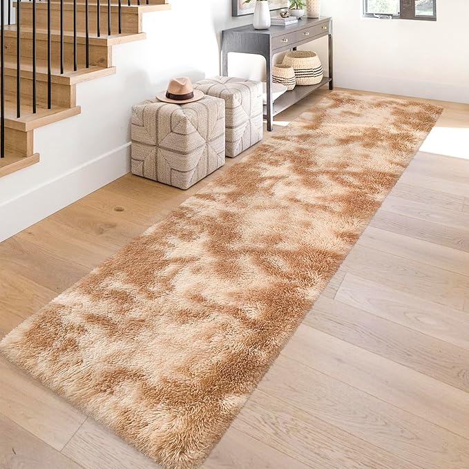 Super Soft Fluffy Living Room Area Rugs 2x10 ft Tie-Dyed Beige Shaggy Furry Carpet Washable Non-Slip Floor Rug Bedroom Bedside Nursery Rug Fuzzy Girls Boy Reduce Noise Dorm Home Decor
