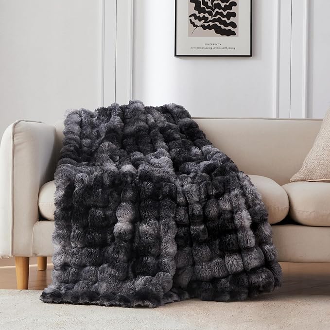 COOVA Faux Fur Throw Blanket for Couch, Cozy Soft and Fuzzy Plush Rabbit Fur Bubble Blanket for Sofa Bedroom Living Room, 50x60 Inches Tie Dye Black