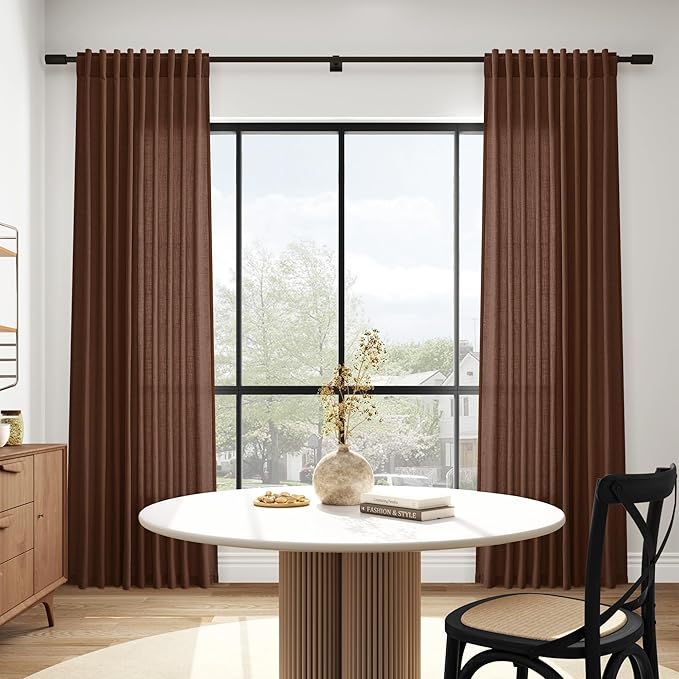 Mocha Brown Linen Curtains Semi Sheer96 Inches 2 Panels for Living Room Back Tab Rod Pocket Light Filtering for Bedroom Dinning Room Vintage Rustic Farmhouse Coastal Decor Protect Privacy 52x96
