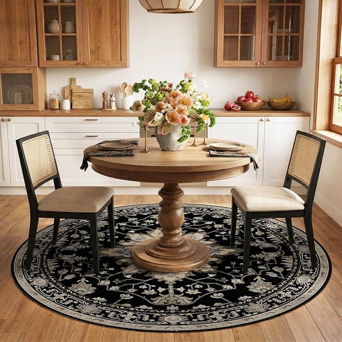 RELEANY Area Rugs 6ft Washable Non-Slip, Floral Vintage Distress Print Pattern Medallion Carpet for Living Room Bedroom Dining Room, Black Brown Neutral Dark Tan