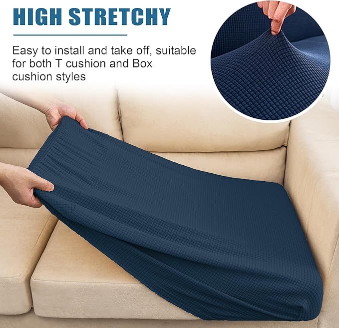 Water Repellent Sofa Seat Cushion Covers Stretch Stylish Furniture Cover, Small Checked Pattern Super Soft Slipcover Machine Washable (Loveseat Cushion, Navy)