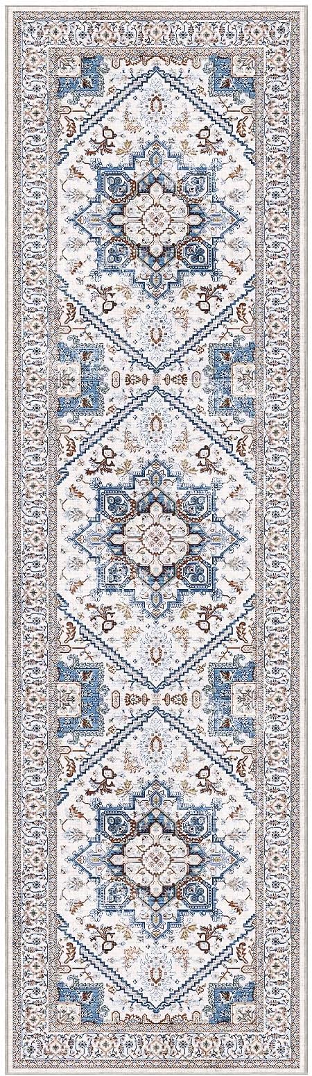 OPPODREAM Soft Entryway Rug 2x8, 2x8 Rug Runner, Neutral Washable Hallways Carpet 2 x 8 with Non Slip Backing, Low-Pile Bedside Carpet 2 x 8, Long, Faux Cashmere, Cream White & Blue & Light Brown