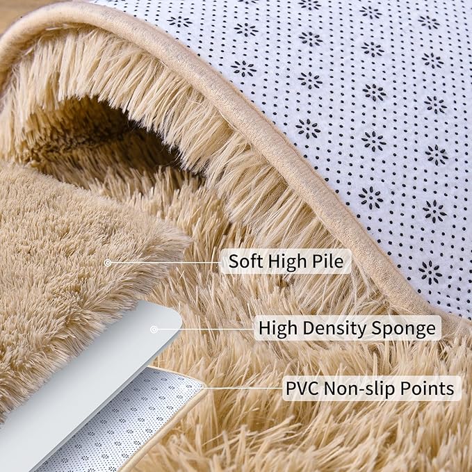 Fluffy Shag Runner Rugs for Bedroom Hallways, 2x8 Beige Long Soft Throw Area Rug Non Slip for Bedside Dorm, Shaggy Furry Carpet for Nursery Living Room Home Decor