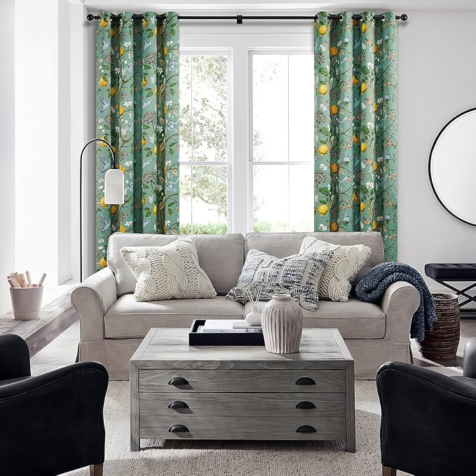 Topfinel 80 Inches Long Custom Sage Green Luxury Curtains for Living Room Bedroom, Blackout Vintage Victorian Curtains Floral Lemon Hummingbird Printed Grommet Drape 80 Inch Length