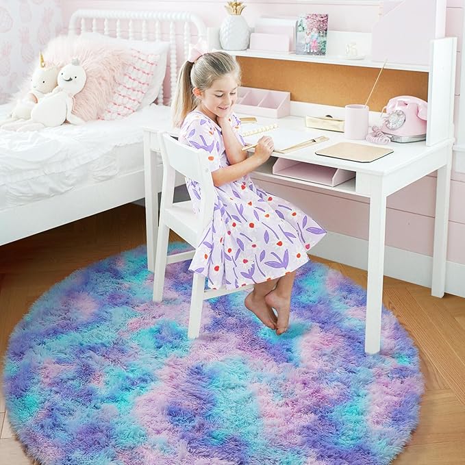 Amdrebio Purple Rainbow Round Rug 5Ft for Bedroom Girls Room Decor, Mermaid Stitch Frozen Kids Rugs for Playroom Nursery Dorm, Fluffy Fuzzy Cute Shag Carpet, Kawaii Circle Area Rugs for Baby Toddler