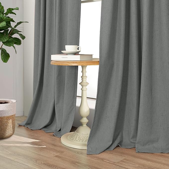 Office Curtains for Windows 102 Inches Long 2 Panel Set Blackout Back Tab Pleated Linen Textured Room Darkening Black Out Masculine Curtains for Boys Bedroom Man Cave 102 Length Slate Grey Dark Gray