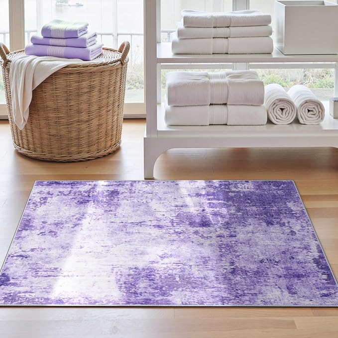 Washable Area Rugs 3'x5' Non-Slip Modern Abstract Soft for Living Room Entryway Bedroom Nursery, Print Pattern, Purple Gray Pink White