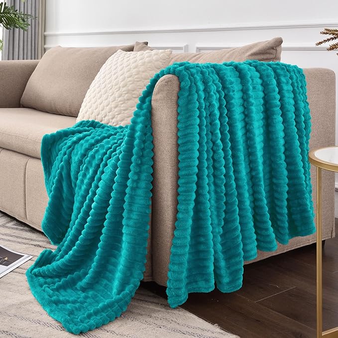 BEDELITE Fleece Blanket Twin Size – 3D Ribbed Jacquard Soft and Warm Decorative Fuzzy Blankets – Cozy, Fluffy, Plush Lightweight Throw Blankets for Couch, Bed, Sofa(Blue, 60x80 inches)