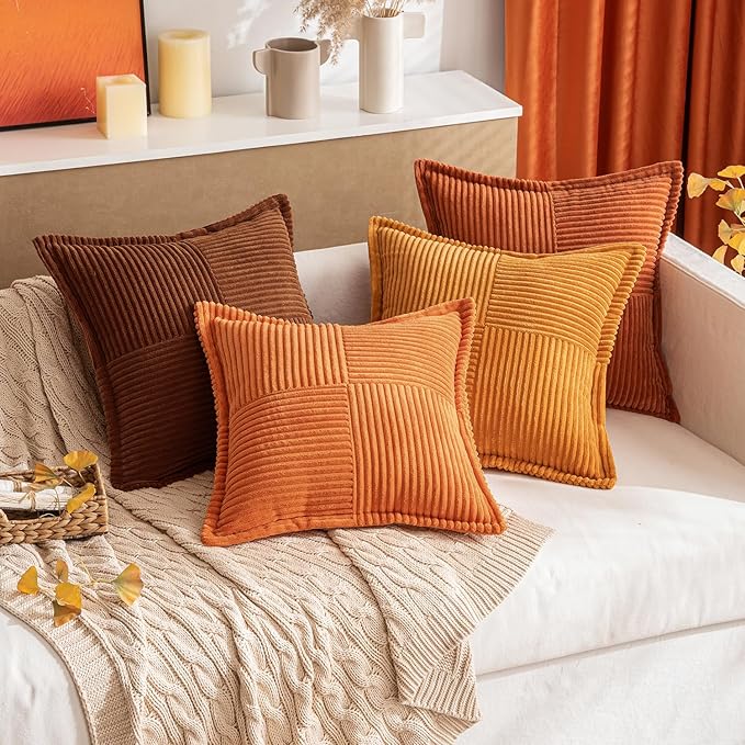 MIULEE Orange Decorative Throw Pillow Covers for Couch Bed Livingroom 18x18 Inch Set of 2 Boho Accent Throw Pllows Broadside Striped Patchwork Soft Corduroy Pillowcases