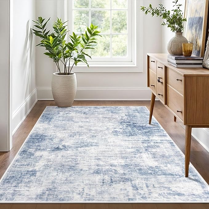 IOHOUZE Abstract Area Rug 4x6 Ft Washable Rugs for Entryway Indoor, Non Slip Small Living Room Rugs Printed Faux Wool Throw Rug, Floor Carpet for Kitchen Nursery Playroom, Light Blue Grey