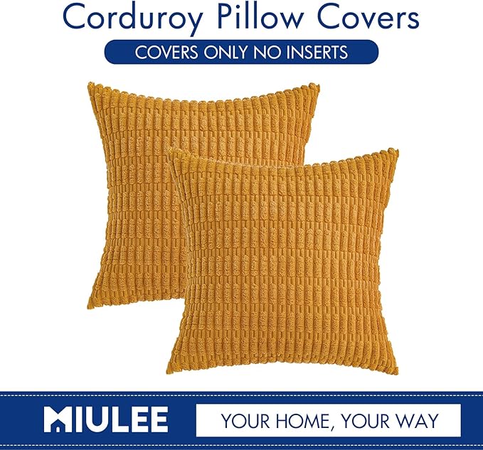 MIULEE Pack of 2 Corduroy Decorative Throw Pillow Covers 16x16 Inch Soft Boho Striped Pillow Covers Modern Farmhouse Home Decor for Summer Sofa Living Room Couch Bed Gold Yellow