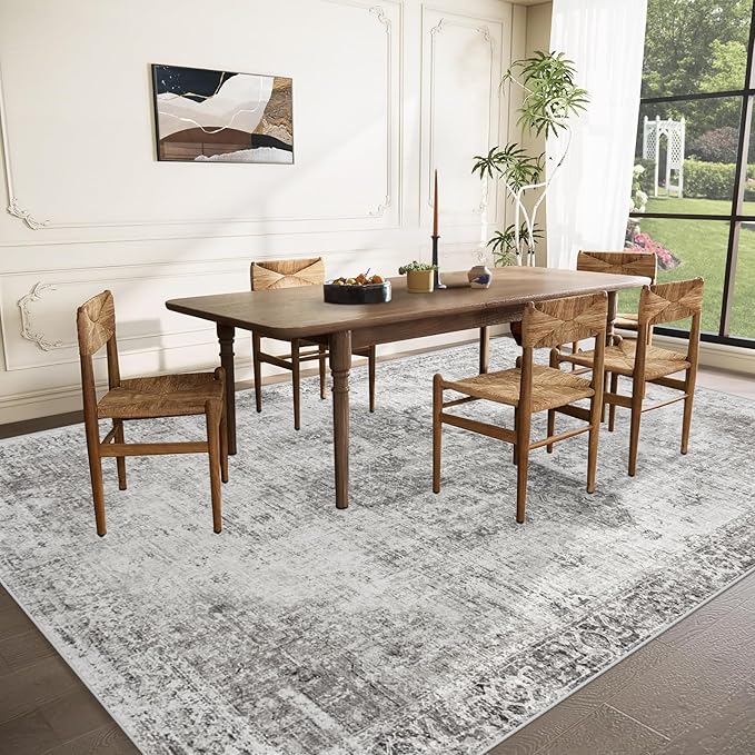 Area Rug 8x10 Washable Rug, Vintage Boho Medallion Rugs Non-Slip Soft Low Pile Large Distressed Rug Indoor Retro Carpet for Living Room Bedroom Dining Room Home Office (Grey, 8'x10')