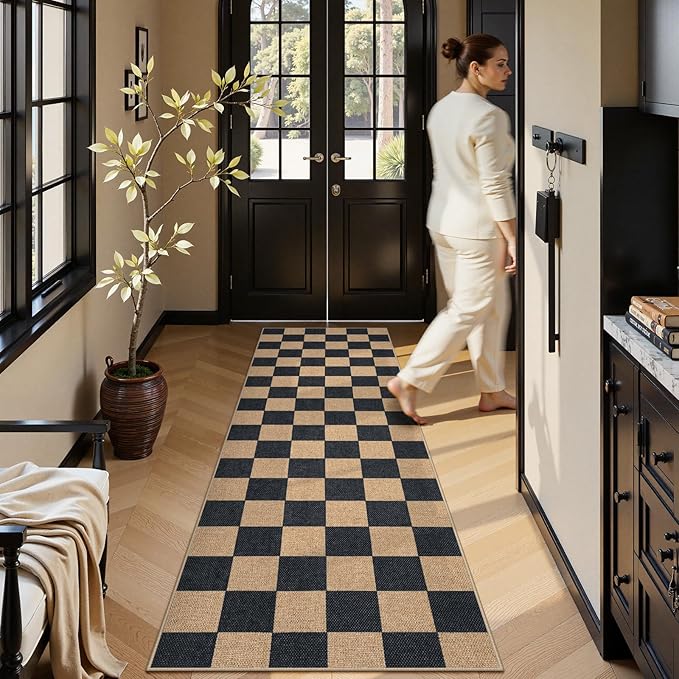 Lahome Colette Checkered Easy Jute Runner Rug, 2x8 Kitchen Rug Non Slip Washable Outdoor Runner for Entryway Indoor, Checkerboard Black Indoor Outdoor Carpet for Hallway 8ft Entry