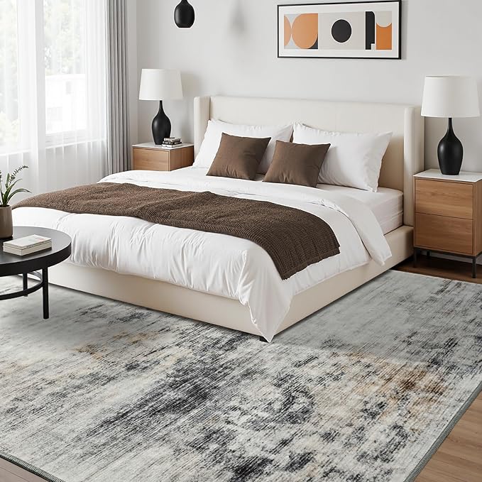 Toneed Abstract Area Rug 5x8 Modern Washable Rug Soft Non Slip Rug Low Pile for Bedroom Living Room Dining Room Grey/Brown