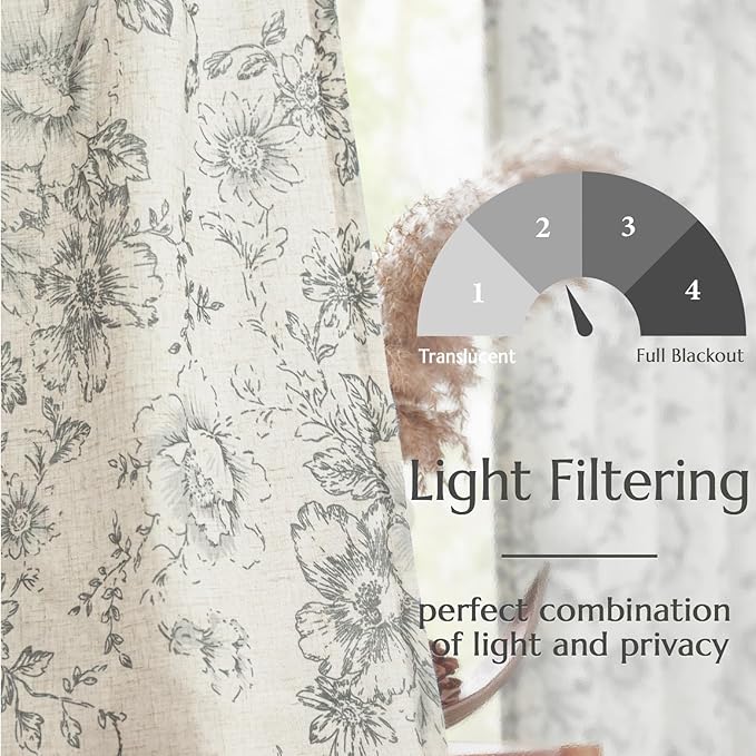 jinchan Lined Linen Blend Curtain Floral Curtains for Living Room 108 Inches Extra Long Grey Peony Flower Printed Curtain Back Tab Farmhouse Patterned Drapes Bedroom Window Curtains Set 2 Panels