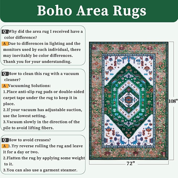 SERISSA 6x9 Area Rugs for Living Room, Large Washable Non-Slip Boho Rug, Ultra Soft Vintage Green White Oriental Tribal Print Distressed Carpet for Dining Room Bedroom Dorm Office Home Decor