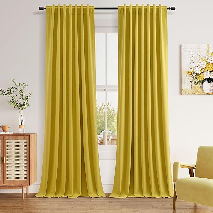 Guken 100% Blackout Curtains 84 Inch Length 2 Panels Set for Living Room Bedroom Back Tab Thermal Insulated Black Out Linen Drapes Room Darkening Celery Yellow,52x84