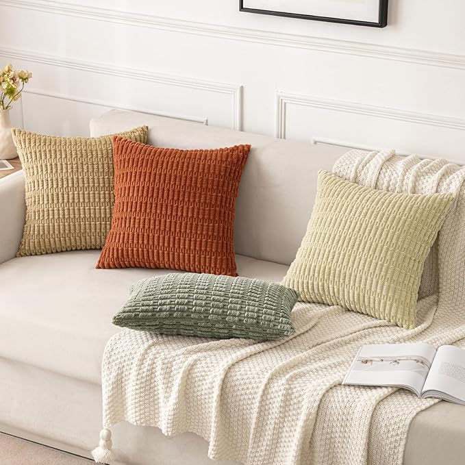 MIULEE Pack of 2 Corduroy Decorative Throw Pillow Covers 16x16 Inch Soft Boho Striped Pillow Covers Modern Farmhouse Home Decor for Summer Sofa Living Room Couch Bed Light Olive Green