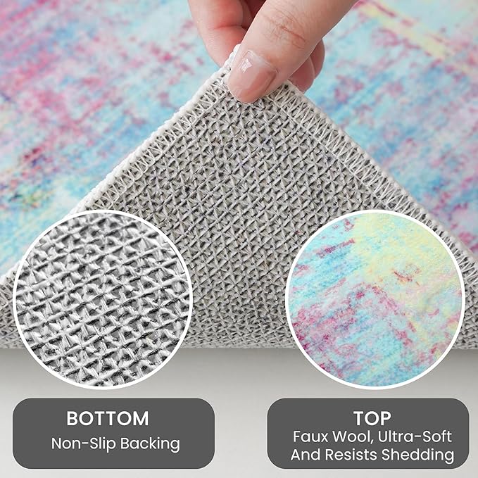 IOHOUZE Abstract Round Area Rug 6 Ft Washable Circle Rugs Large Round Rug Non Slip Thin Soft Circle Rugs, Printed Faux Wool Floor Carpet for Bedroom Living Room Dining Room Nursery, Pink Teal