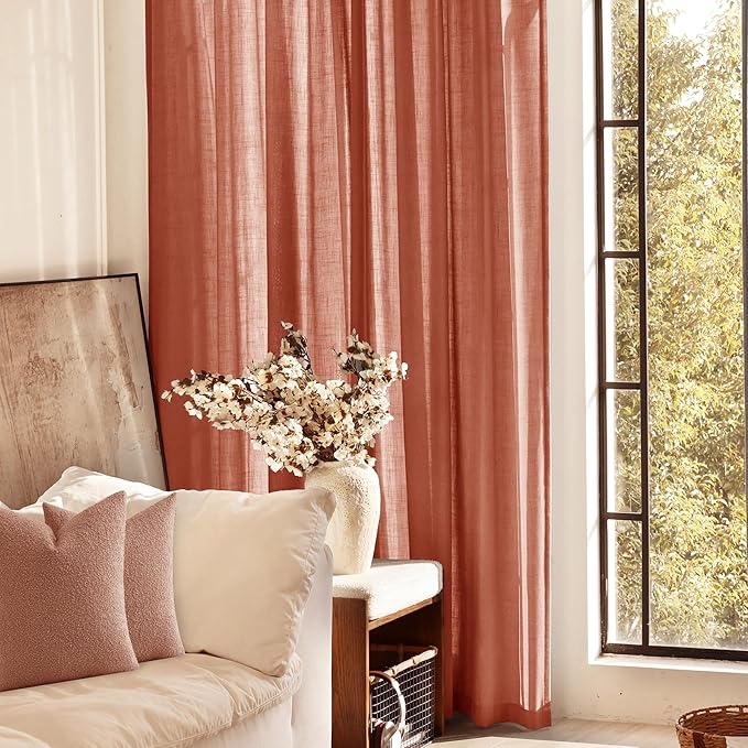 102 inch Linen Terracotta Curtains 2 Panels for Living Room Back Tab Light Filtering Semi Sheer Rust Colored Curtains 102 inches Long Soft Thick Cotton Cloth Textured Rustic Boho Farmhouse Room Decor