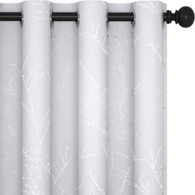 Deconovo Greyish White Curtains, Room Darkening Curtain, Thermal Insulated Soundproof Drapes, Silver Branch Print, 52 x 72 Inch Long, Grommet Window Panels for Living Room Bedroom Nursery, Set of 2