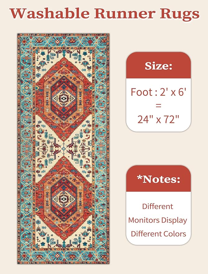 SERISSA Boho Washable Runner Rug, 2x6 Rug Runner Non-Slip Vintage Orange Hallway Kitchen Runner Rug Ultra Soft Print Distressed Tribal Floor Carpet Runner for Bedroom Bathroom Laundry Living Room
