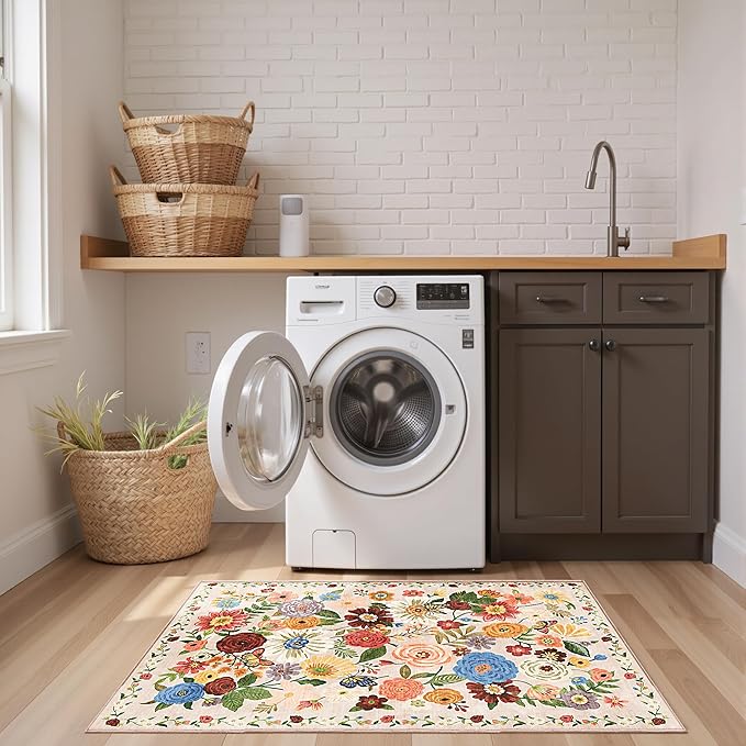 2x4 Entryway Runner Rugs, Non Slip Washable Rugs with Rubber Backing Soft Floral Carpet Runner for Kitchen, Laundry, Bedroom, Bathroom(2 x 4, Beige Garden)
