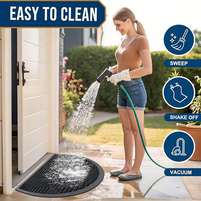 Smiry Half Circle Front Door Mat Outside Entrance, Heavy Duty Sturdy Natural Rubber Doormat, Trap Dirt and Moisture, Low Profile Mats for Indoor Outdoor Entry, Irregular Triangle (47x32, Black)