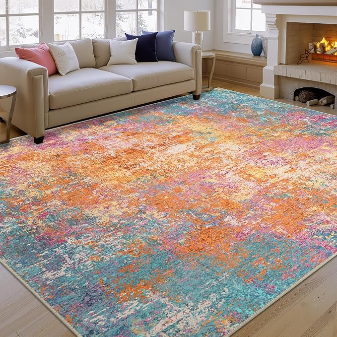 Washable Area Rugs 6'x9' Non-Slip Modern Abstract Soft for Living Room Entryway Bedroom Nursery, Print Pattern, Orange Blue Pink Yellow Colorful