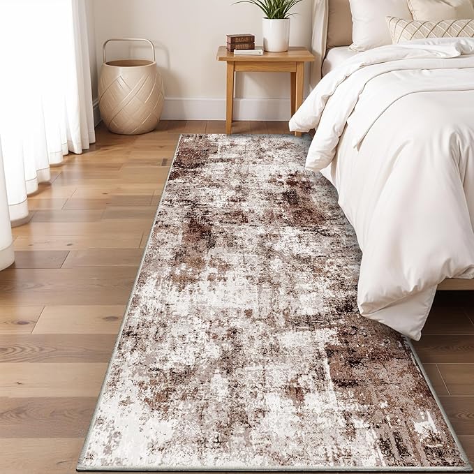 2x6 Washable Runner Rugs for Hallway: Easy-to-Clean Abstract Runners for Entryway Bedroom - Stain and Water Resistant Rugs with Non-Slip Backing - Soft Low-Pile Carpet Brown Khaki White