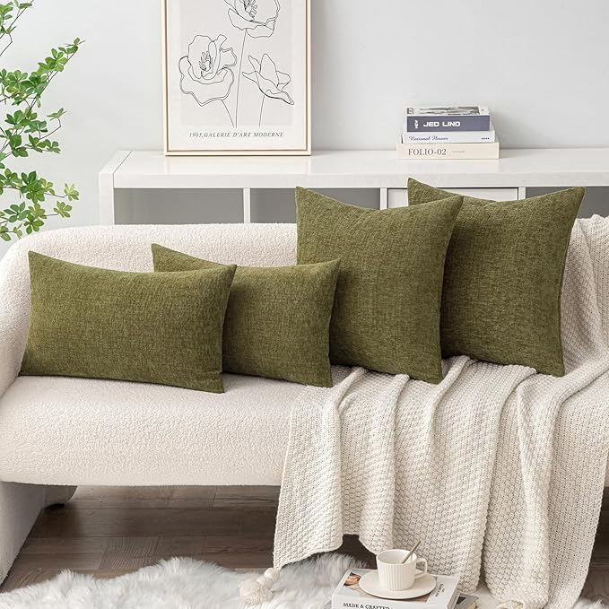MIULEE Pack of 2 Couch Throw Pillow Covers 18x18 Inch Soft Olive Green Chenille Pillow Covers for Sofa Living Room Solid Dyed Pillow Cases