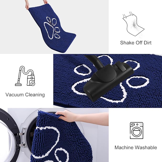 Smiry Dog Door Mat for Muddy Paws, Absorbent Dirt Trapper Non Slip Quick Dry Washable Chenille Mat for Mud Dogs, Entry Rug for Indoor and Outdoor (30x20 Inches, Navy Blue and White)