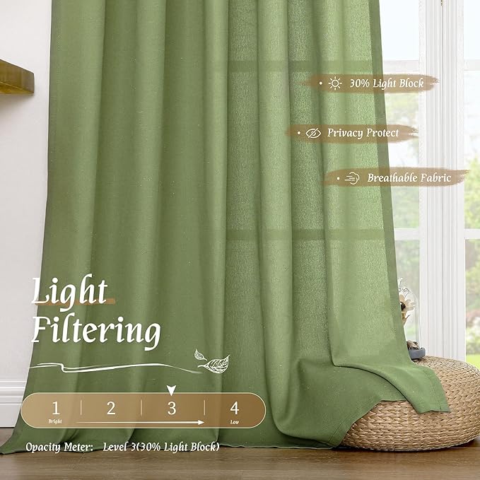 LAMIT Green Linen Curtains 63 inch Length for Bedroom, Faux Linen Light Filtering Window Treatments Neutral Rod Pocket Drapes for Living Room/Farmhouse, 2 Panels Set, 42 x 63 Inch