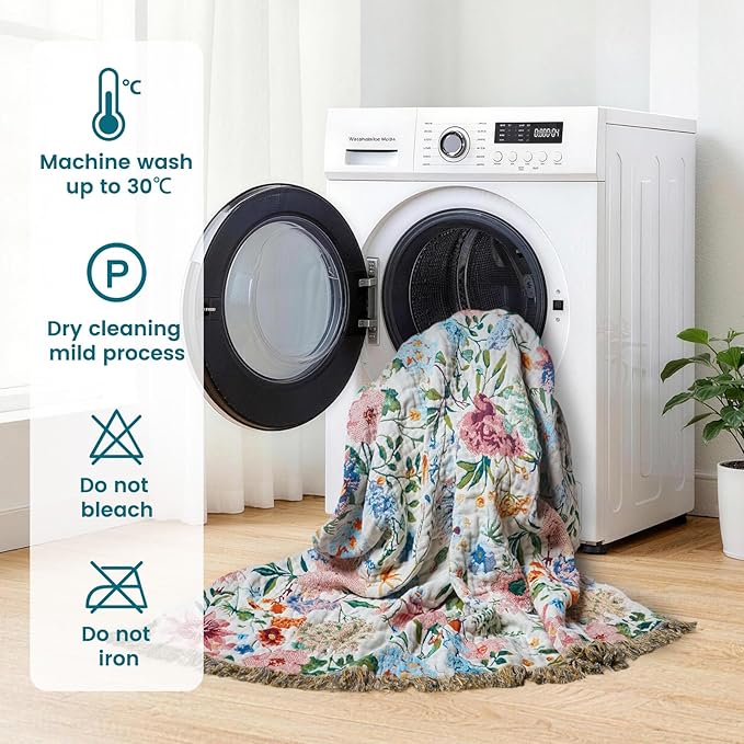 MSGKV Boho Throw Blanket 50"x60" Couch Floral 100% Cotton Blanket Spring Breathable Lightweight Farmhouse Blankets for Sofa Home Decor Muslin Guaze All Seasons