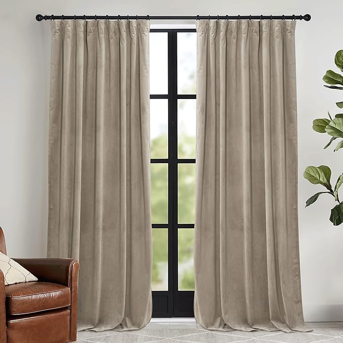 RYB HOME Camel Beige Velvet Curtains 84 inch, Room Darkening Window Curtains with Multiple Hanging Options Heavy Duty Plush Backdrop for Bedroom Guest Room, W52 x L84 inch, 2 Panels