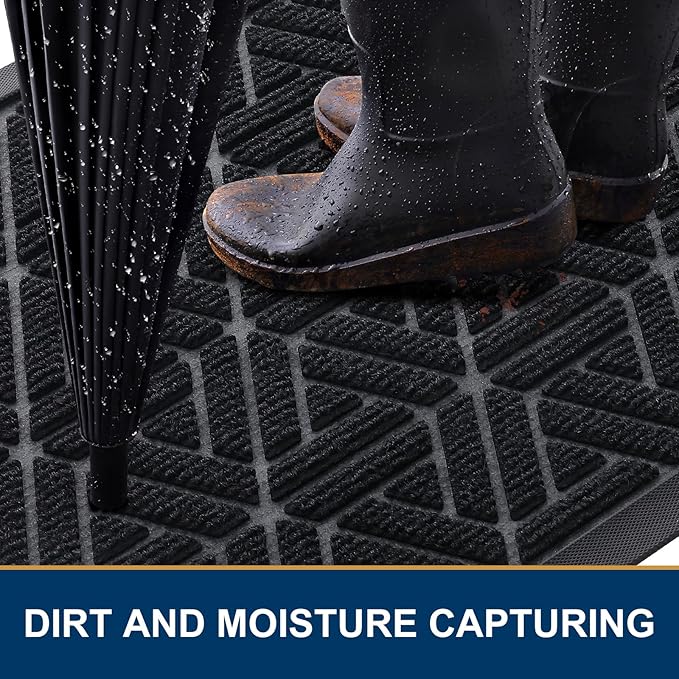 Smiry Front Door Mat Outside Entrance, Heavy Duty Sturdy Natural Rubber Doormat, Trap Dirt and Moisture, Easy Clean Low Profile Mats for Indoor Outdoor Entry, Grid Geometric (71x23, Black)