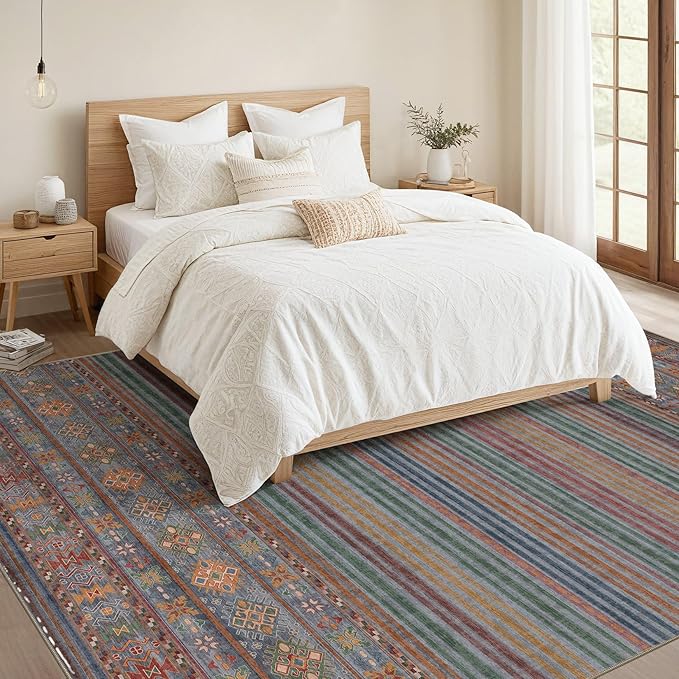 Nakagishi 9X12 Area Rugs Living Room: Washable Large Vintage Rug Neutral Non-Slip Soft Stain Resistant Indoor Carpet for Bedroom Nursery Dining Room Office Playroom - Multi Color