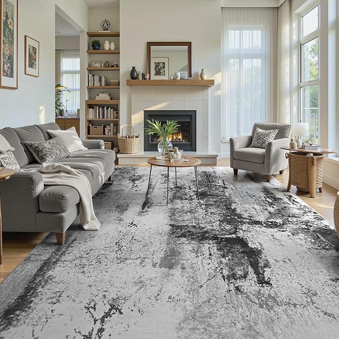 Living Room Rug 7x10 Ink Black Area Rugs Machine Washable Abstract Boho Large Rug Non-Slip Non-Shedding Faux Wool Indoor Vintage Carpet for Bedroom, Classroom, Dining Room, Kids Playroom