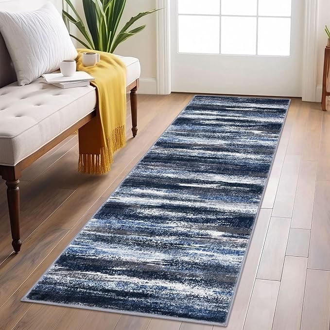 Lansny Modern Abstract Runner Rug 2x6, Navy Blue Washable Kitchen Runner Non-Slip Soft Hallway Rug Runner Thin Print Faux Wool Carpet for Entryway Bedroom Laundry Room Indoor Home Decor