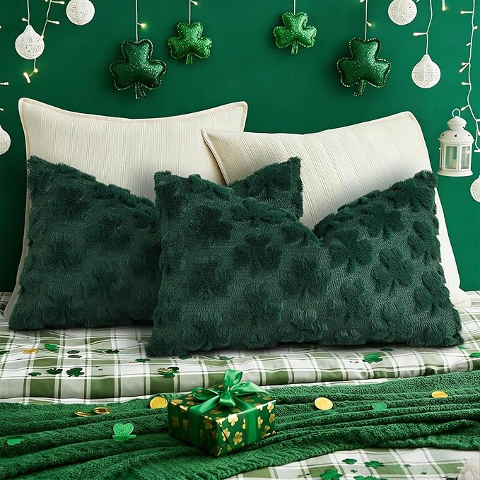 decorUhome St. Patrick’s Day Shamrock Green Pillow Covers 12x20 Inch Set of 2, Soft Plush Faux Wool Throw Pillow Covers, Farmhouse Spring Holiday Decor for Sofa Living Room