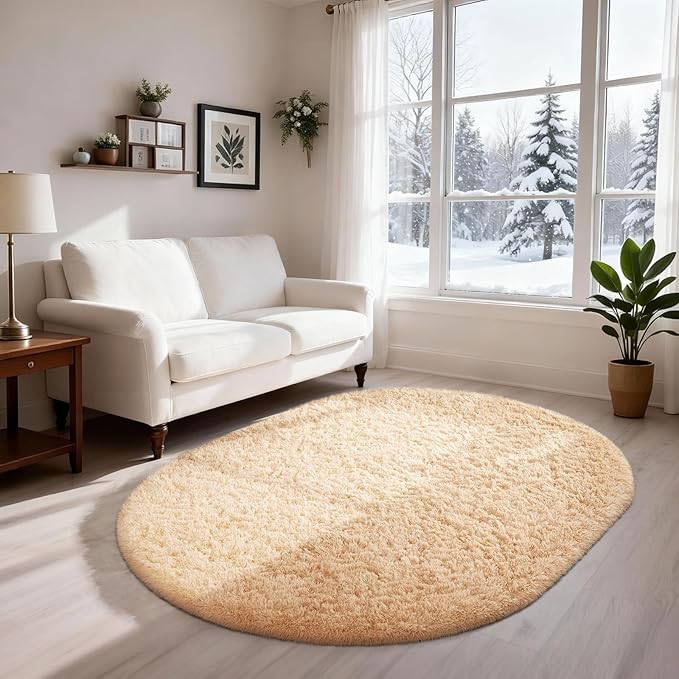 Ophanie 4x6 Oval Beige Rugs for Bedroom Living Room, Fluffy Fuzzy Furry Carpet, Plush Soft Shaggy Bedside Indoor Floor Area Rug for Kids Girls Boys Baby Teen Dorm Nursery Home Decor Aesthetic