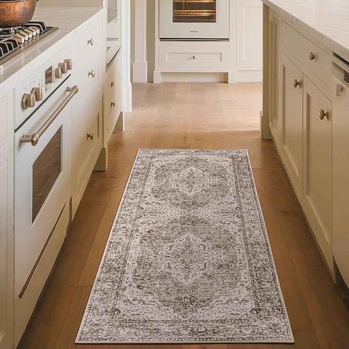Lofus 2x6 Runner Rug for Hallways, Washable Kitchen Rugs, Non-Slip Rugs for Entryway and Bedroom, Vintage Boho Carpet, Soft Low Pile Long Runner Area Rug, Vintage Beige Brown