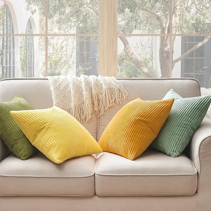 Topfinel 24x24 Decorative Large Throw Pillows Covers Set of 4,Yellow Green Mix Design Corduroy Bed Cushion Case,Couch Sofa Living Room Euro Shams No Insert,Summer Home Decor