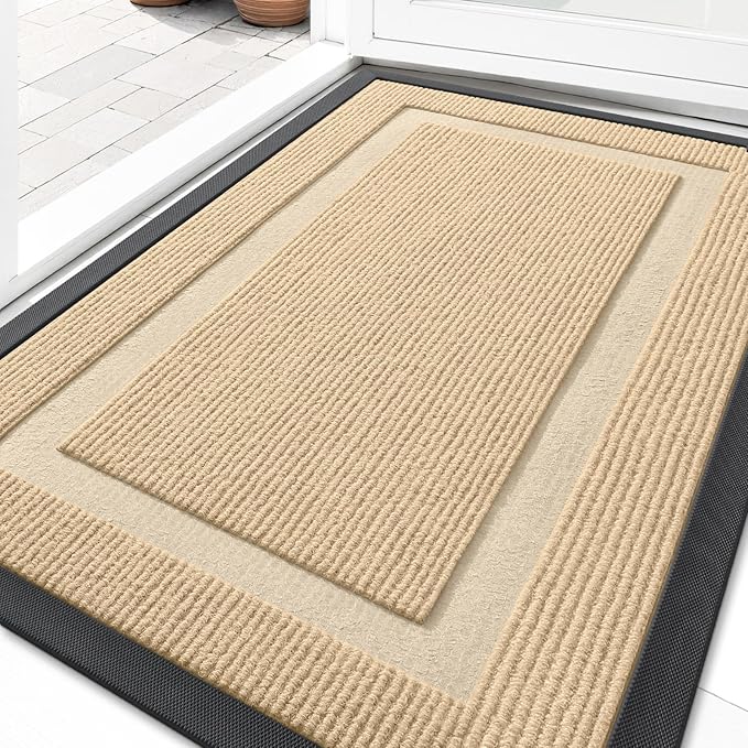 OLANLY Front Door Mat Indoor Outdoor Entrance, Waterproof All-Season, All-Weather Doormat, Sturdy Natural Rubber, Fade Resistant, Low Profile, Easy Clean Patio Porch Entryway Mat, 33x21, Beige