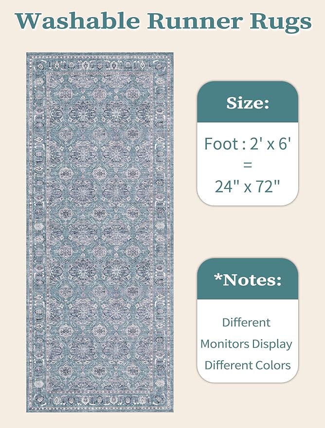SERISSA Boho Washable Runner Rug, 2x6 Rug Non-Slip Vintage Floral Hallway Kitchen Runner Rug Ultra Soft Print Distressed Blue Grey Floor Carpet for Bedroom Bathroom Laundry Room