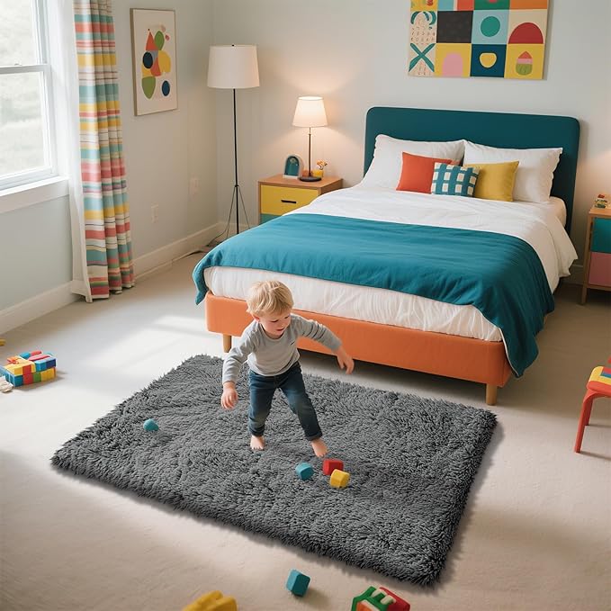 Shag Area Rug for Bedroom 3x5,Deep Grey Fluffy Area Rugs for Living Room,Soft Fuzzy Rug Non-Shedding Indoor Plush Carpet for Kids Bedroom Nursery Dorm Home Decor