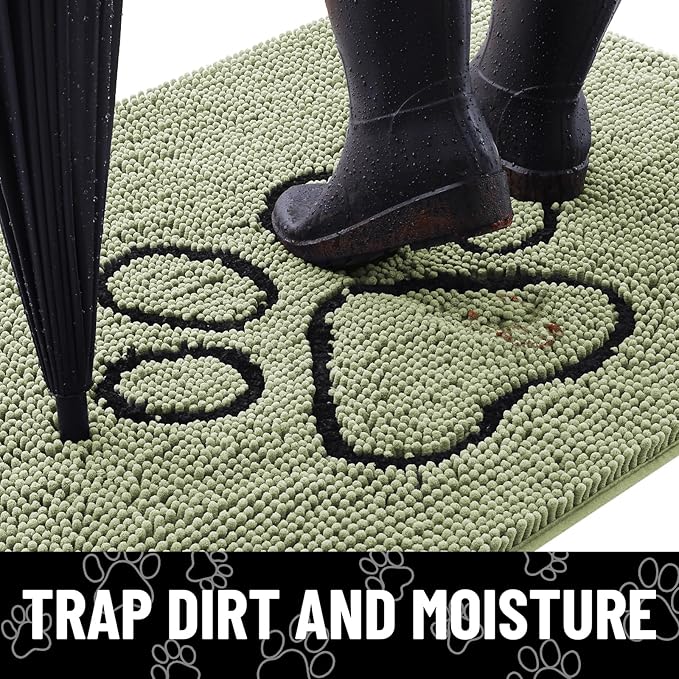 Smiry Dog Door Mat for Muddy Paws, Absorbent Dirt Trapper Non Slip Quick Dry Washable Chenille Mat for Mud Dogs, Entry Rug for Indoor and Outdoor (30x20 Inches, Sage Green and Black)