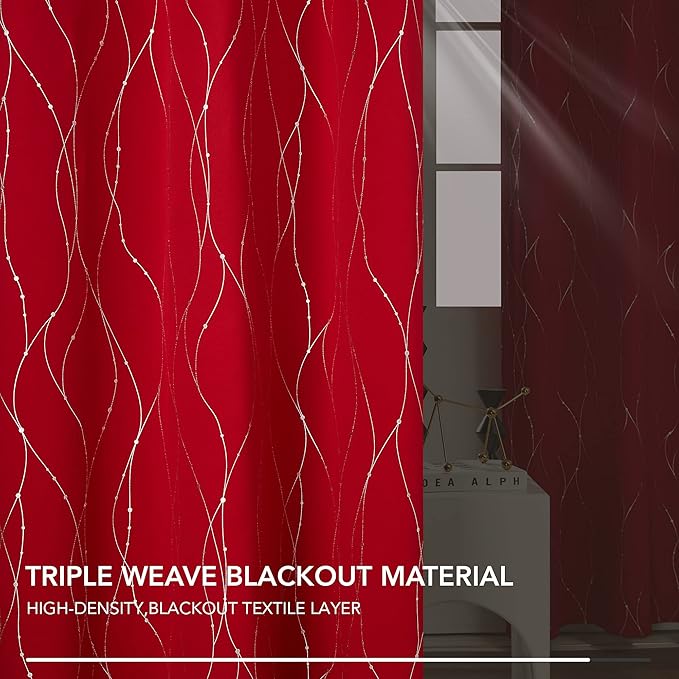 Deconovo Blackout Curtains, Christmas Red Curtain, Thermal Insulated Noise‑Reducing Drapes, Wave Line Dot Foil Print, 38 x 90 Inch, 2 Panels, Machine‑Washable Window Curtain for Party Home Decor